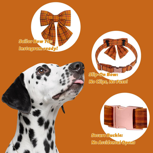Maca Bates Fall Pumpkin Plaid Dog Collar with Sailor Bow Tie for Small Dogs, Adjustable Breakaway Soft Collar