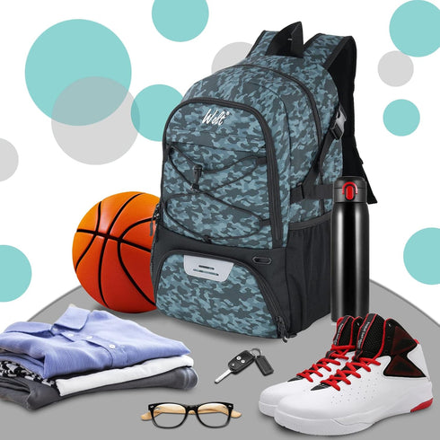 WOLT Basketball Equipment Backpack - Large Sports Bag with Separate Ball Holder & Shoes Compartment (Camouflage Grey)