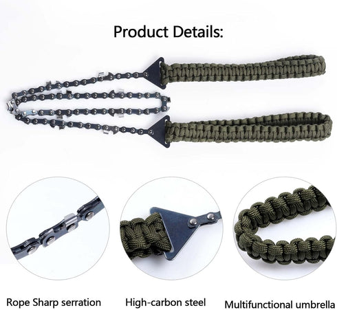 Pocket Chainsaw with Paracord Handle, Folding Chain Hand Saw, Emergency Outdoor Survival Gear for Camping Hunting