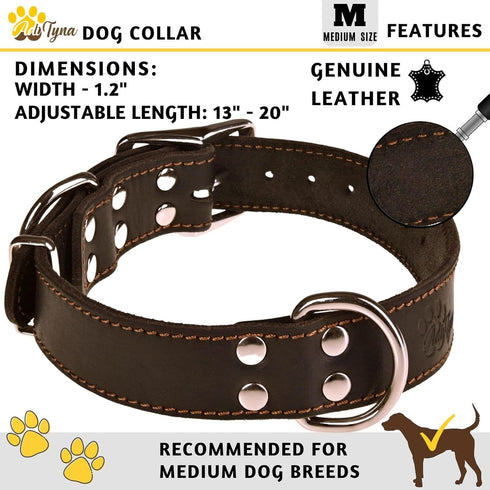 ADITYNA Heavy Duty Black Leather Dog Collar - Soft Medium Dog Collar for Walking, Training, Hiking, Running