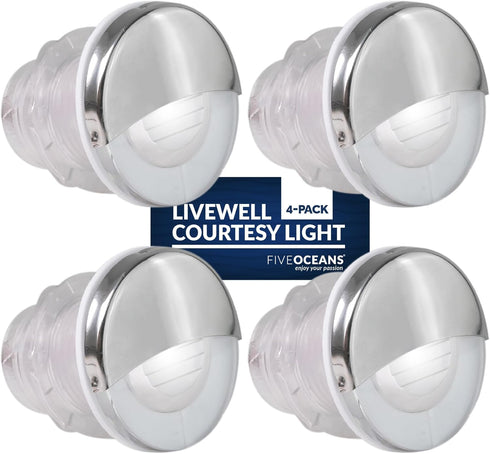 Five Oceans 4 Pack Marine Livewell Lights, LED Boat Courtesy Light, IP68 Waterproof, White LED, 12V