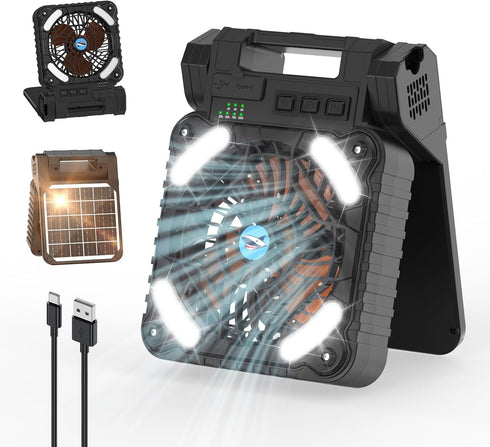 Smiling Shark Camping Fan with LED Lantern, 12000 mAh Solar Rechargeable Portable 90° Foldable Camp Fan