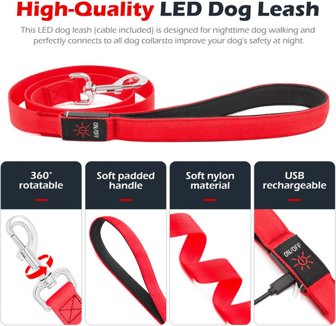 LED Dog Leash Light Up, 4 Feet Micro USB Rechargeable Nylon Webbing Glow Safety Standard Dog Leash by Bpawser (Red)