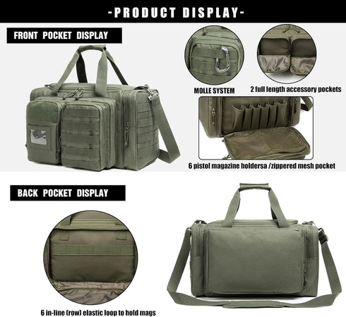 Gun Range Bag for Handguns and Ammo, Tactical Pistol Case Duffle Bags for Shooting Range Sport