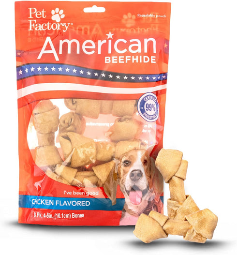 Pet Factory American Beefhide 4-5" Knotted Bones Dog Chew Treats - Chicken Flavor, 8 Count