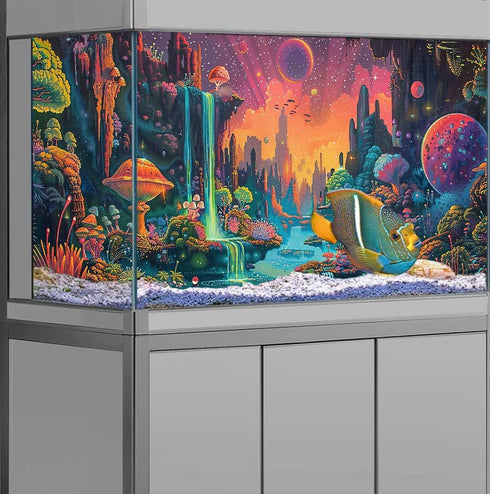 Colorful Galaxy Space Planet Aquarium Background: Waterfall Landscape Tapestry with Fantasy Mountain Wave Design