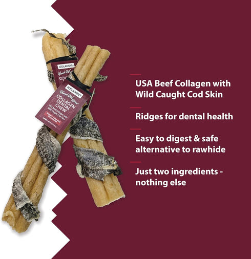 Icelandic+ Beef Collagen Dental Chew Stick Wrapped with Fish, 8" Dog Treat