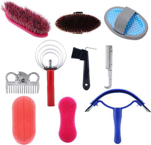 Spryflower 10Pcs Set, Set 5 Horse Grooming Care Kit, Equestrian Brush and Curry Comb Complete Horse Cleaning Tool