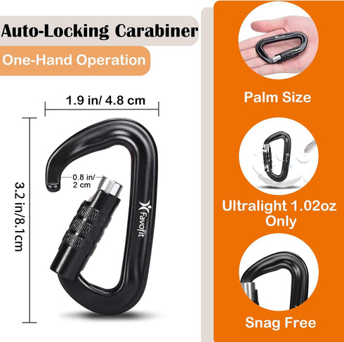 Heavy Duty Locking Carabiner Clips - Favofit 12KN (2697 lbs) Clips, 3.2'' Small D Ring for Camping, Hiking, Dog Leashes