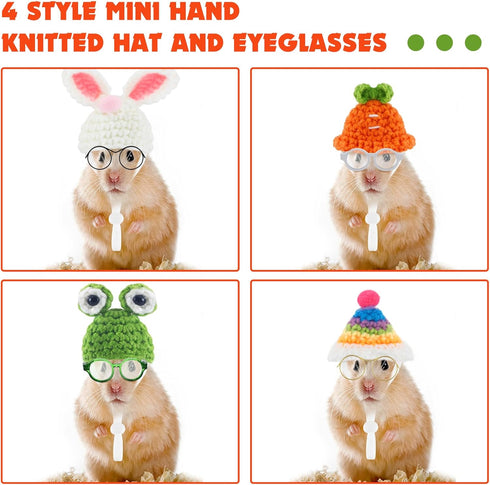 8 Pcs Hamster Hat Pet Costume Glasses, Includes 4 Knitted Hats and 4 Pairs of Glasses for Small Animals