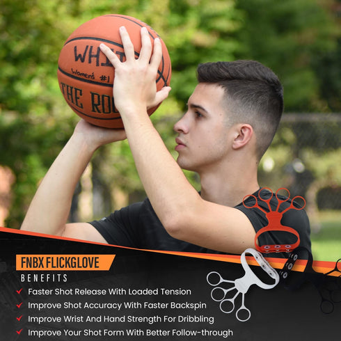 FNBX FlickGlove Basketball Shooting Aid, Training Equipment Set of 3 Silicone Strap Resistances, White, Black, Orange
