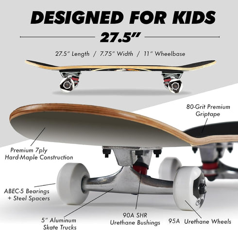 Magneto Complete Skateboard | Maple Wood | ABEC 5 Bearings | Double Kick Concave Deck for Beginners and Teens