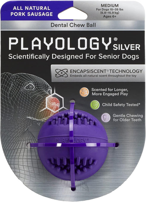 Playology Silver Dental Chew Ball Dog Toy, Medium for Senior Dogs (15-35lbs), All-Natural Pork Sausage Scent