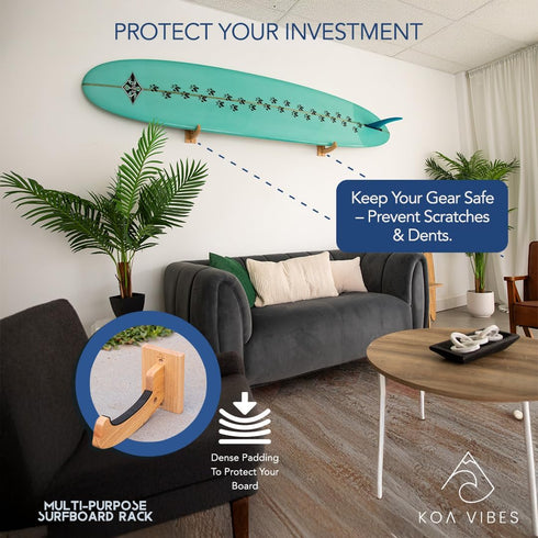 Wood Surfboard Wall Mount and Snowboard Wall Mount, Versatile Heavy Duty Holder, Extra Hole to Hang Accessories