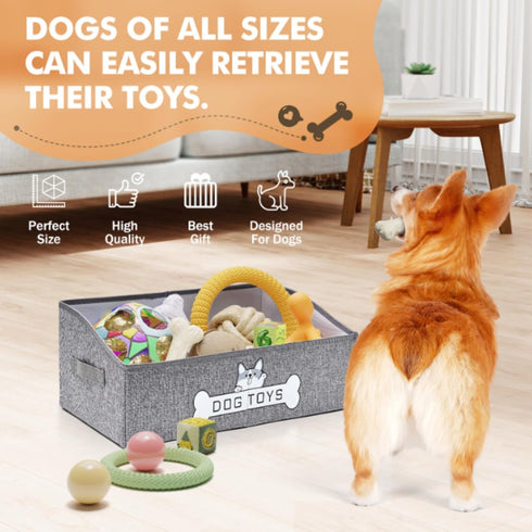 Dog Toy Basket - Collapsible Storage Box with Handle for Pet Toys and Accessories - Specially Designed, Grey