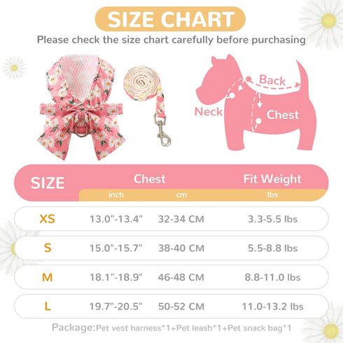 Dog Harness and Leash Set with Bow Knot, No Pull Pet Daisy Floral Harness with D-Ring Soft Mesh Vest for Small Girl