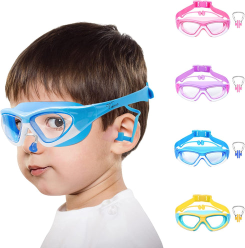 Vvinca Kids Swim Goggles for Ages 3-12, 2024 Upgraded Design with Ear & Nose Plug, Wide View