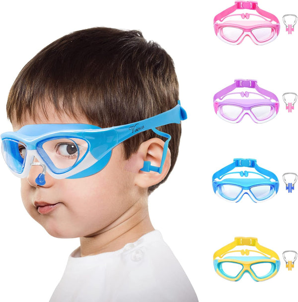 Vvinca Kids Swim Goggles for Ages 3-12, 2024 Upgraded Design with Ear & Nose Plug, Wide View
