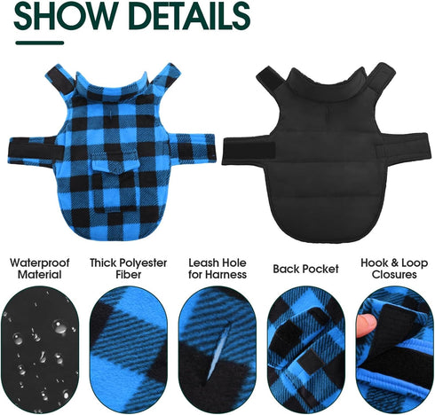 Kuoser Dog Winter Coat, Windproof Fleece Jacket, British Style Plaid Cold Weather Vest for Small Dogs