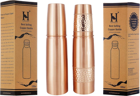Set of 2 Copper Water Bottles with Copper Tumblers - 1000 Ml Capacity for Ayurveda Health Benefits