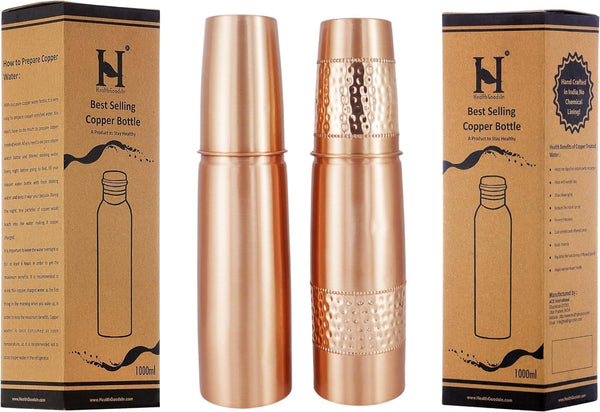 Set of 2 Copper Water Bottles with Copper Tumblers - 1000 Ml Capacity for Ayurveda Health Benefits