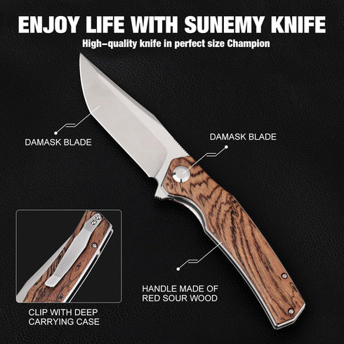 Pocket Folding Knife for Men, D2 Steel Hunting Knife with Wood Handle, Fishing Hiking Survival Knife with Safety Liner
