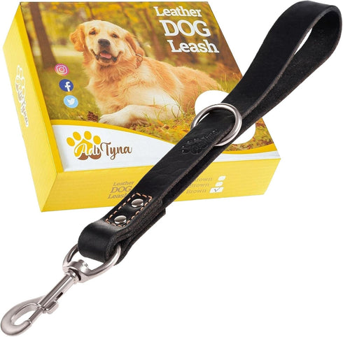 ADITYNA Short Leather Traffic Dog Leash - 12" length x 1" wide for Medium, Large, Extra-Large Breeds