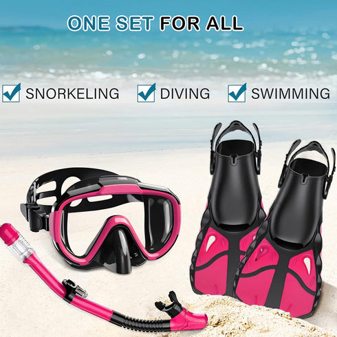 Snorkel Set with Fins for Adults, Snorkeling Gear Combo Set with Dry Top Snorkel Mask & Travel Bag