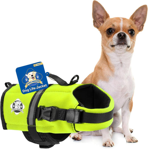 Paws Aboard Dog Life Jacket - Adjustable, Reflective, Comfortable Swim Vest for Dogs, XX-Small to Extra Large (Neon