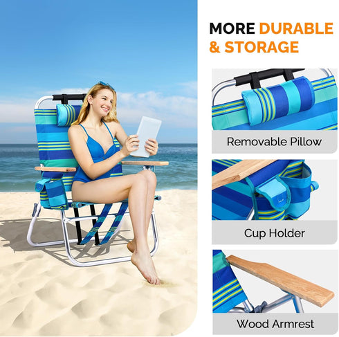 13" Backpack 3-Position VINGLI Aluminum Beach Chair Tall Beach Chairs for Adults, Portable with Adjustable Straps