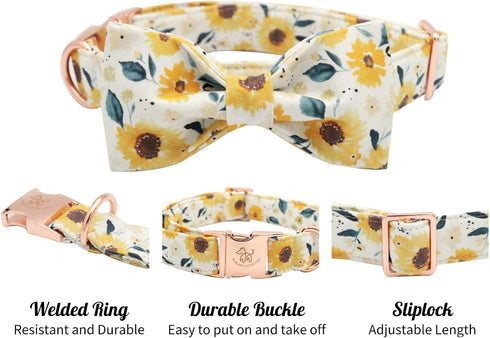 Elegant Sunflower Print Dog Collar, Adjustable Soft Bow Tie Collar for Medium Dogs