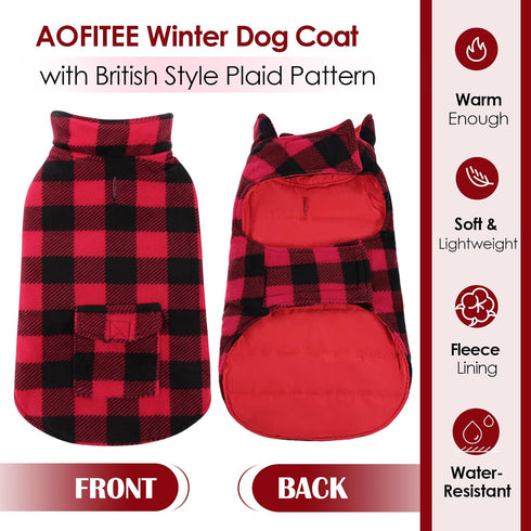 AOFITEE Reversible Dog Coat, Warm Winter Jacket, Thick Padded Vest with Leash Hole, Cotton Material, Small (23'' Chest)