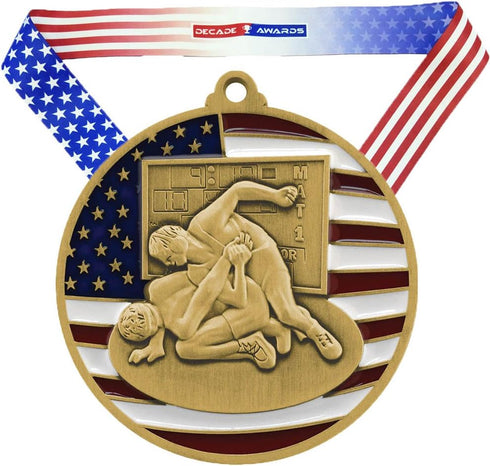 Gold Decade Awards Patriotic Wrestling Medal with Stars and Stripes Neck Ribbon - 1st Place (2.75 Inch Wide)