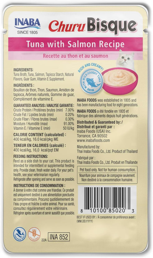 INABA Churu Bisque for Cats, Creamy Lickable Purée Side Dish, 1.4 ounces, 12 Pouches, Tuna & Salmon