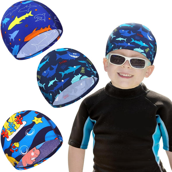 Geyoga Kids Swim Caps - 3 Pieces Bathing Hats for Boys and Girls, Polyester Pool Cap for Long Short Hair