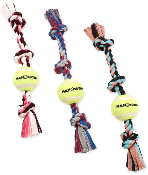 Mammoth Flossy Chews Color 3 Knot Tug with Mini Tennis Ball, Premium Cotton-Poly Dog Toy, Mini 11”