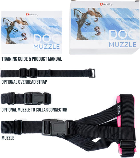 Gentle Muzzle Guard for Dogs (L, Pink) - Prevents Biting & Chewing Safely - Soft Neoprene Padding, Training Guide