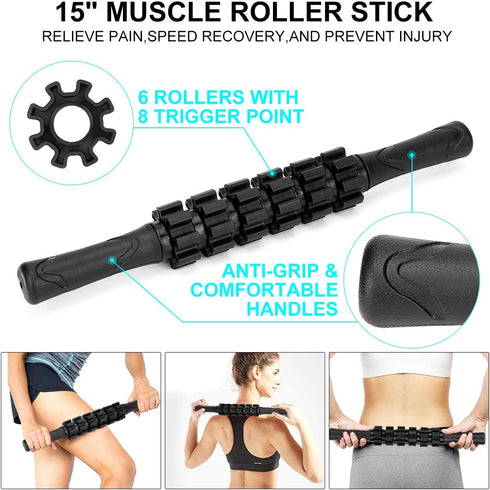 Foam Roller Set - High Density Back Roller, Muscle Roller Stick, Stretching Strap, Massage Ball
