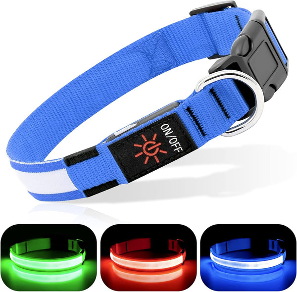 BSEEN Royal Blue Light Up Dog Collar - Reflective LED, Waterproof Glow in The Dark, Rechargeable for Night Walking