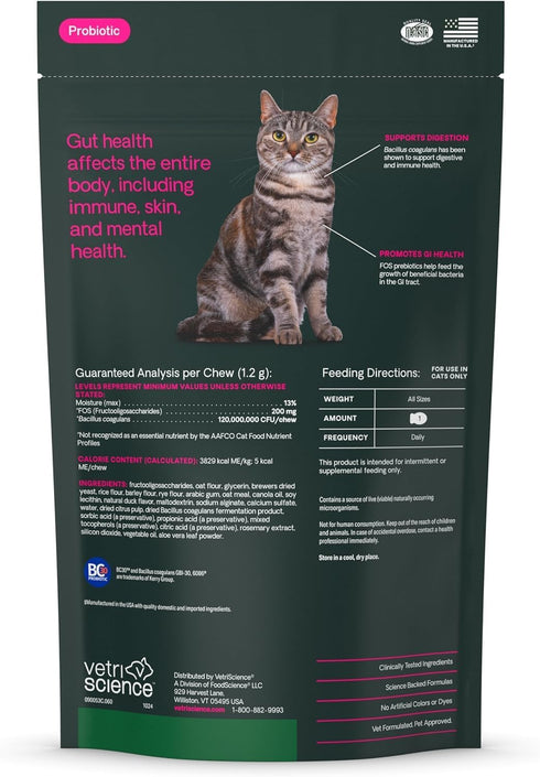 Immune 120 60 Count VetriScience Gut Health Chews, Probiotic Everyday Digestive Supplement for Cats, Pet Probiotics