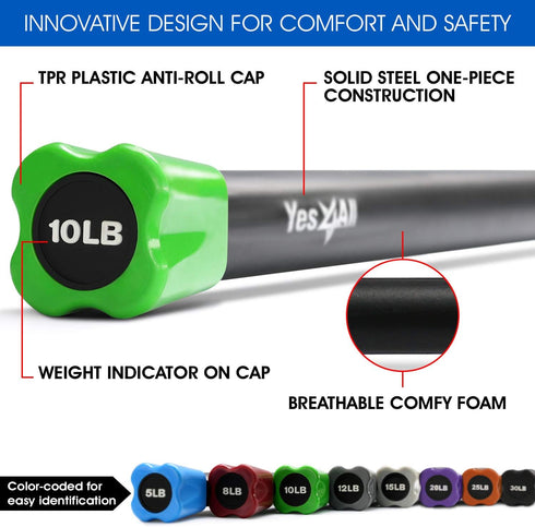 Yes4All Total Body Workout Weighted Bar, Resistance Band Bar for Yoga and Strength Training at Home and Gym