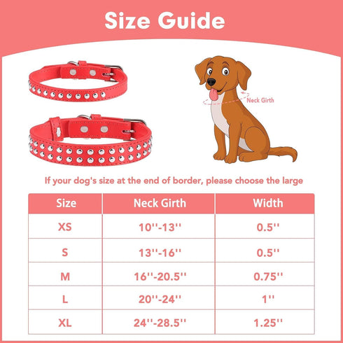 BINGPET Adjustable Leather Dog Collar, Real Split PU Leather Studded Pet Collar for Small Medium Large Dogs - RED L