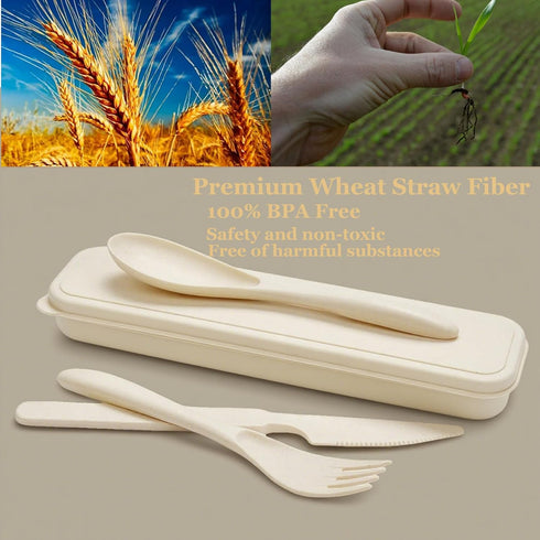 YUNSHENGFANGDM Set Set Wheat Straw Utensils with Case, Reusable Travel Cutlery with Spoon Fork Knife, BPA-Free Portable