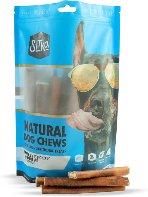 Sitka Farms Bully Sticks 6 inch - 20 Count - All Natural Dog Treats from Free Range Grass-Fed Beef