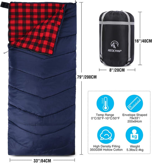 REDCAMP Cotton Flannel Sleeping Bag for Camping, Adults Cold Weather Envelope Sleeping Bags