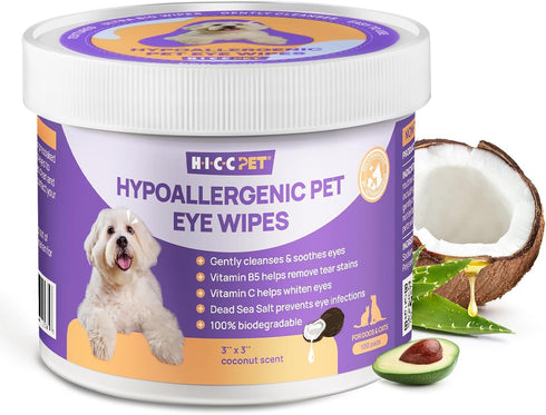 HICC PET Eyes Wipes for Dogs & Cats, Gently Remove Tear Stains, Eye Debris, Coconut Oil Pet Cleaning Wipes (100pcs)