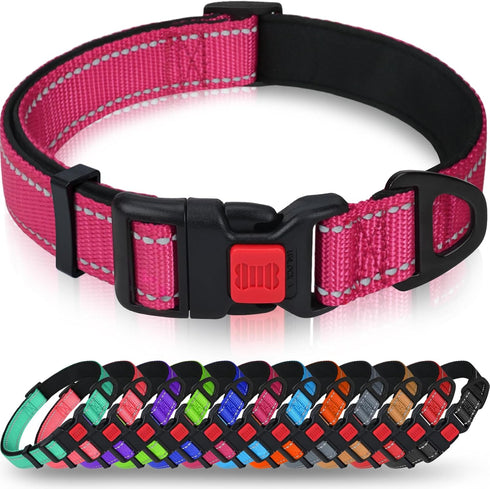 Taglory Reflective Dog Collar with Safety Locking Buckle, Adjustable Nylon Pet Collars for Large Dogs, Hot Pink, L