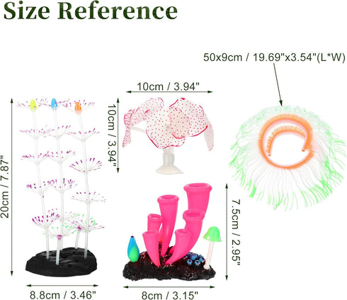 Silicone Glowing Aquarium Decorations, Fluorescence Coral and Sea Anemone Decor Set in Purple, Pink, Green