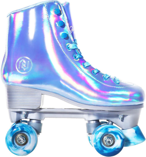 8-51 JajaHoho Roller Skates for Women, Very Peri Blue Holographic High Top Faux Leather Rollerskates, Shiny Double-Row