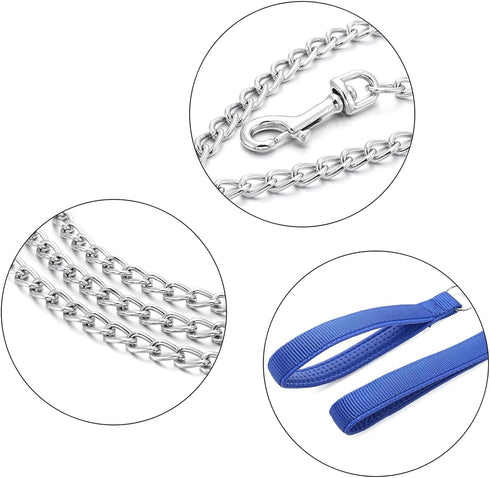 Chain Leash Metal Dog Leash Chrome Plated with Soft Padded Handle for Medium Dogs.(M, Blue Handle)